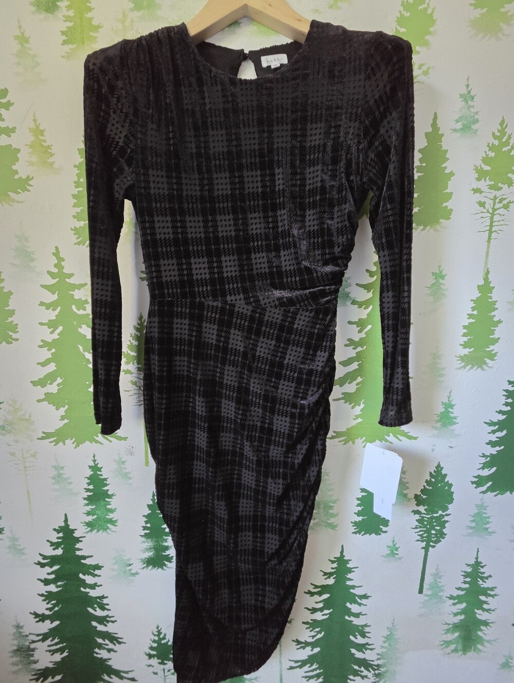 Nicole Miller Plaid Velvet Midi Ruched Dress.